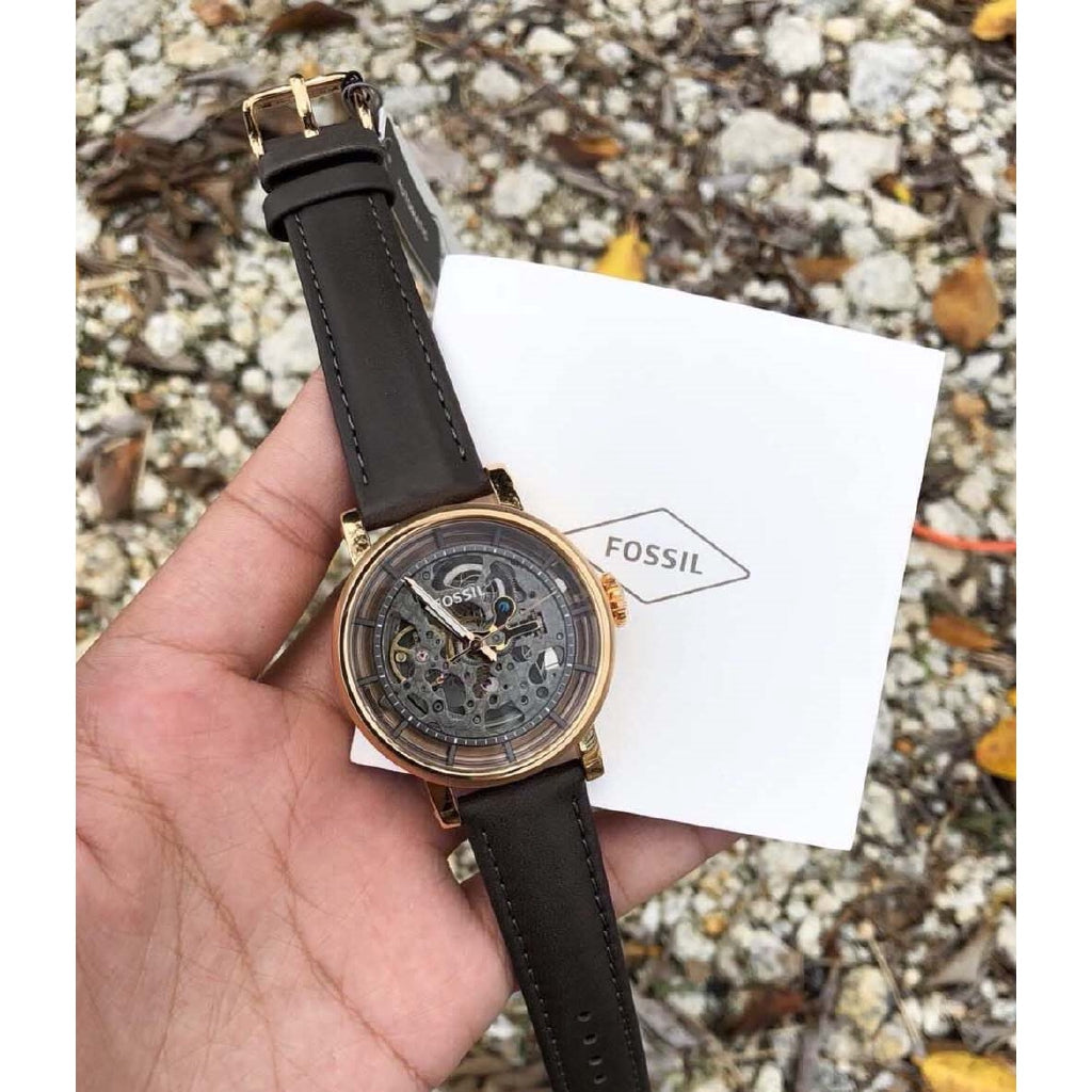 Fossil Boyfriend Automatic Skeleton Grey Dial Grey Leather Strap Watch for Women - ME3089