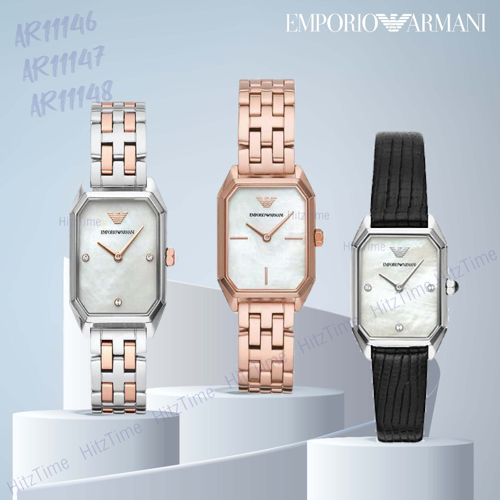 Emporio Armani Gioia Analog Mother of Pearl Dial Black Leather Strap Watch For Women - AR11148