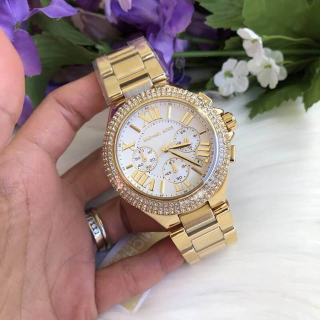 Michael Kors Camille Silver Diamonds Dial Gold Steel Strap Watch for Women - MK5756