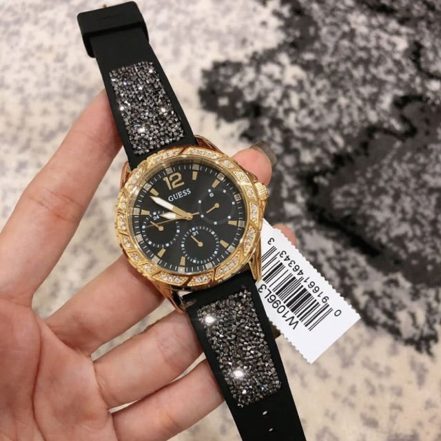 Guess Swirl Quartz Black Dial Black Silicone Strap Watch for Women - W1096L3