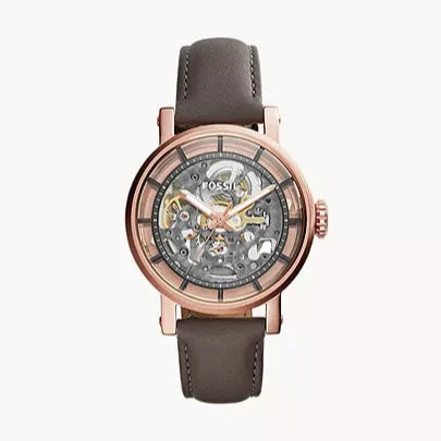 Fossil Boyfriend Automatic Skeleton Grey Dial Grey Leather Strap Watch for Women - ME3089