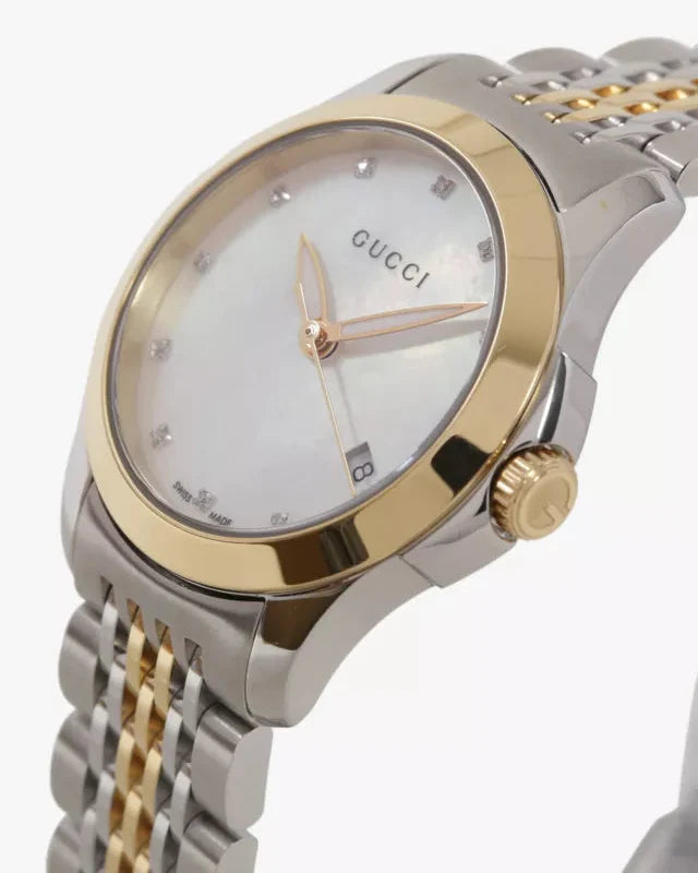 Gucci G Timeless Diamonds Mother of Pearl Dial Two Tone Mesh Bracelet Watch for Women - YA126513