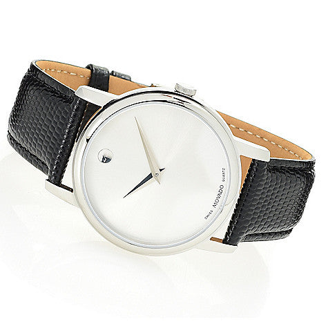 Movado Museum Quartz Silver Dial Black Leather Strap Watch For Men - 2100001