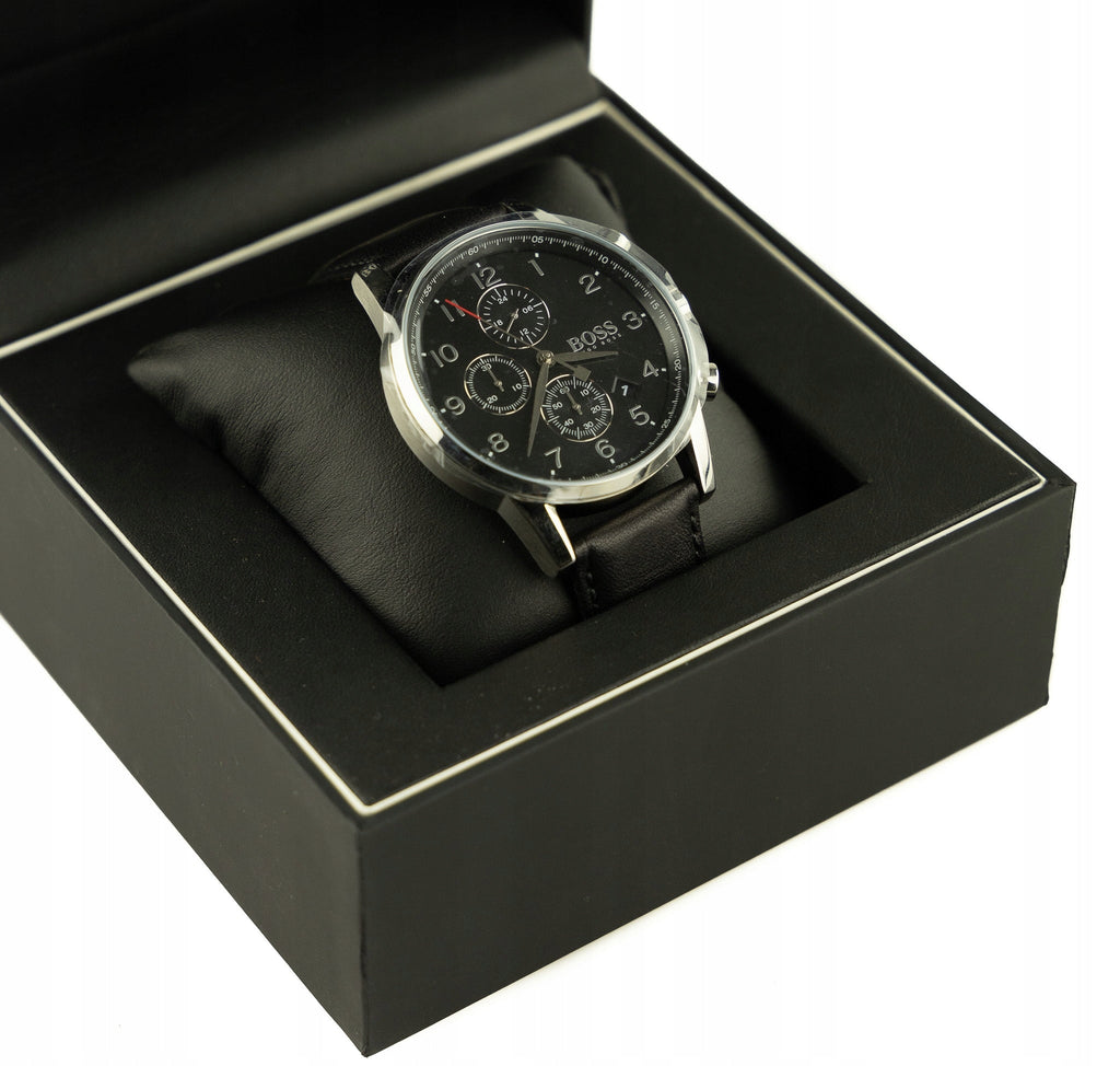 Hugo Boss Navigator Black Dial Black Leather Strap Watch for Men - 1513535