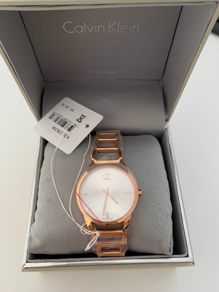 Calvin Klein Stately White Dial Gold Steel Strap Watch for Women - K3G2362W