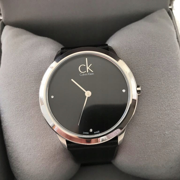 Calvin Klein Minimal Black Dial Black Leather Strap Watch for Men - K3M221CS