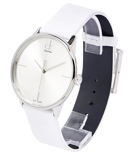 Calvin Klein Accent Silver Dial White Leather Strap Watch for Women - K2Y2X1K6