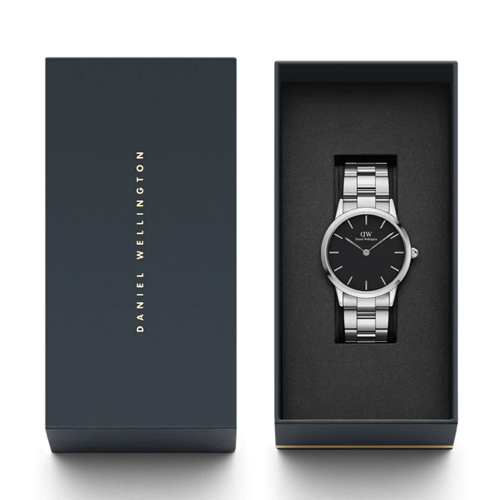 Daniel Wellington Iconic Link Black Dial Silver Steel Strap Watch For Women - DW00100342