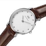 Daniel Wellington Classy Bristol White Dial Brown Leather Strap Watch For Women - DW00100070