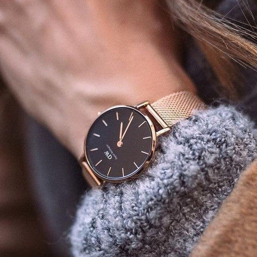 Daniel Wellington Petite Evergold Black Dial Gold Mesh Strap Watch For Women - DW00100345
