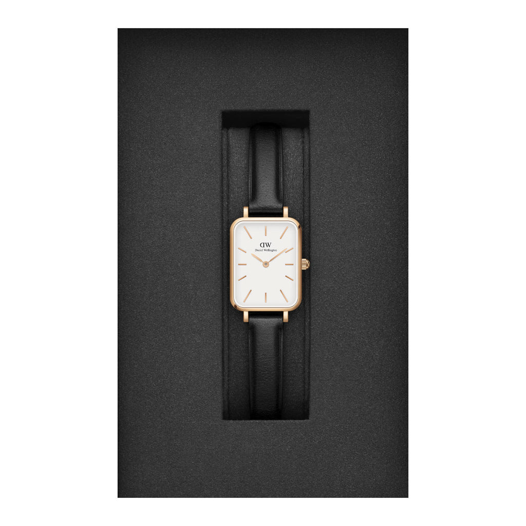 Daniel Wellington Quadro White Dial Black Leather Strap Watch For Women - DW00100434