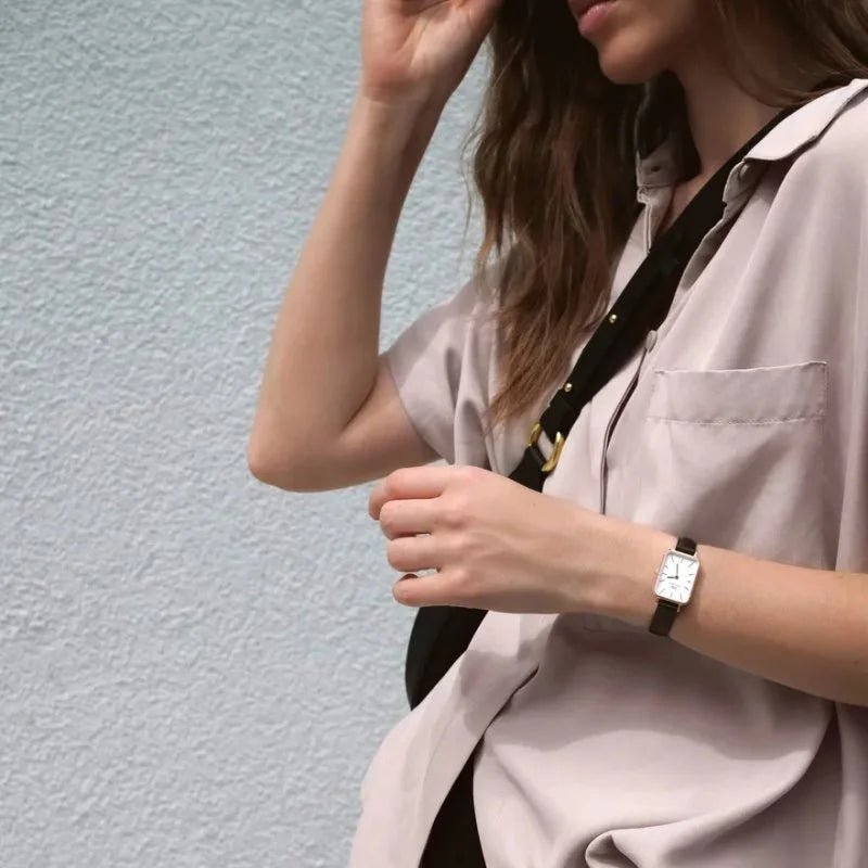 Daniel Wellington Quadro White Dial Black Leather Strap Watch For Women - DW00100434