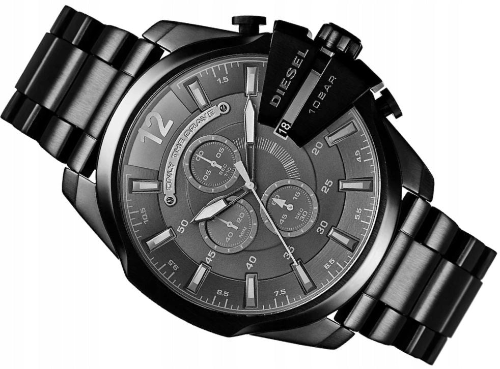Diesel Mega Chief Chronograph Black Dial Black Steel Strap Watch For Men - DZ4355
