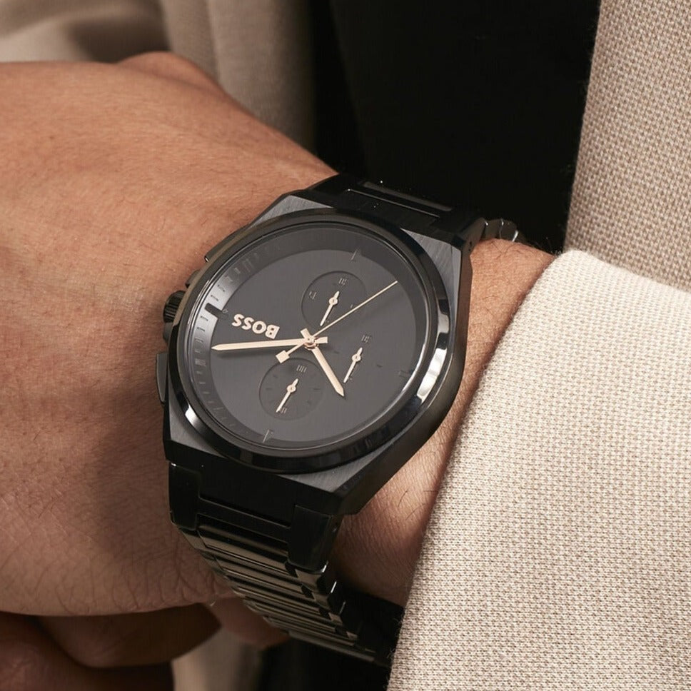 Hugo Boss Steer Analog Black Dial  Black Steel Strap Watch For Men - 1514068