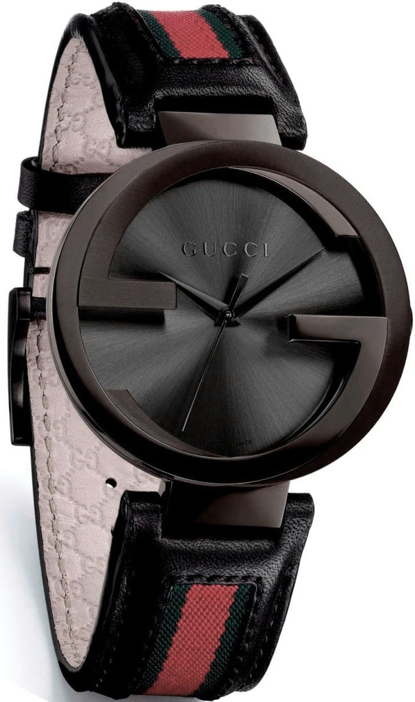 Gucci Interlocking G XL Black Dial Red & Green Leather Strap Watch For Men - YA133206