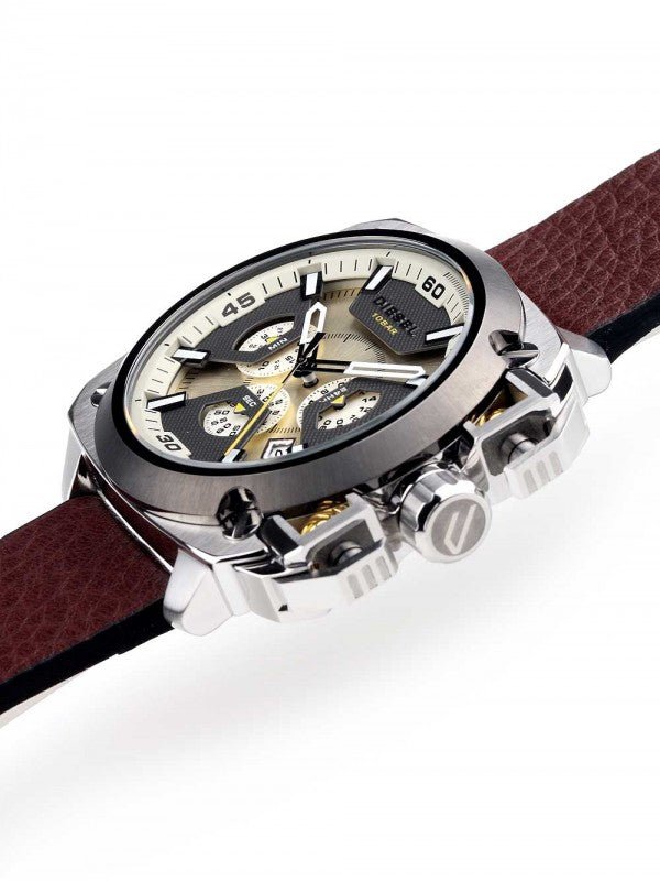 Diesel BAMF Chronograph Beige Dial Brown Leather Strap Watch For Men - DZ7343