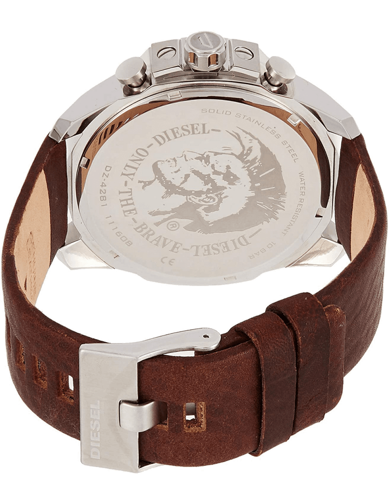 Diesel Mega Chief Chronograph Blue Dial Brown Leather Strap Watch For Men - DZ4281