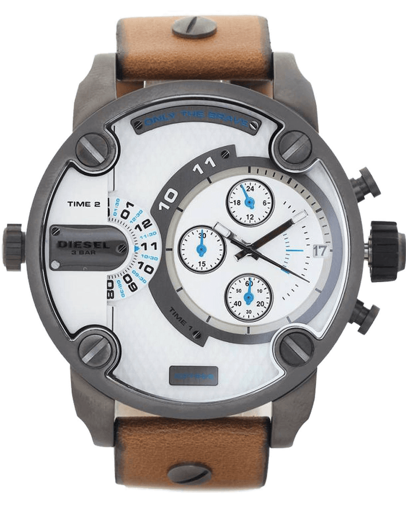 Diesel SBA Dual Time Chronograph White Dial Brown Leather Strap Watch For Men - DZ7269
