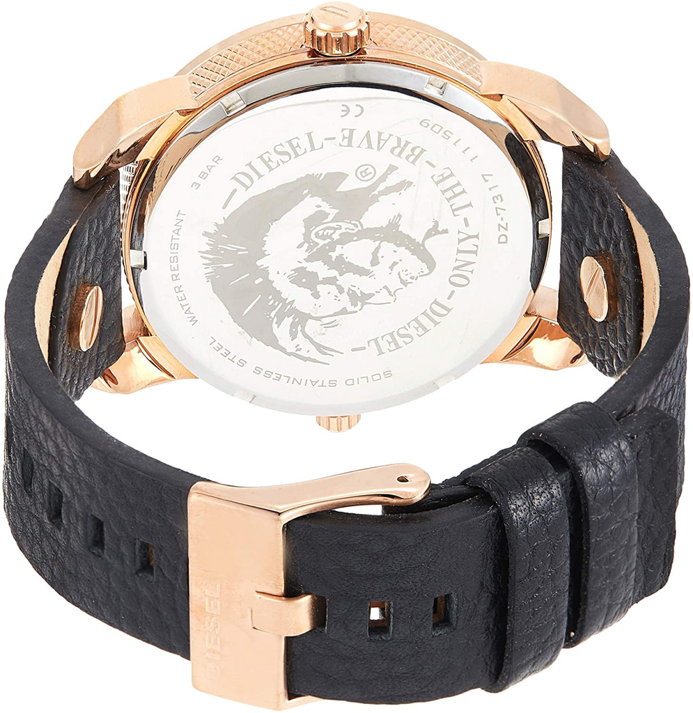 Diesel Mini Daddy Dual Time Black & Gold Dial Black Leather Strap Watch For Men - DZ7317