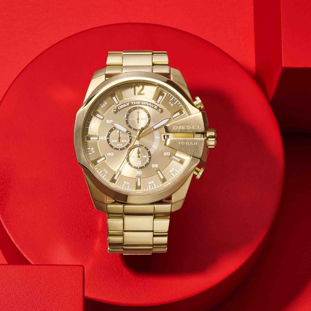 Diesel Mega Chief Chronograph Gold Dial Gold Steel Strap Watch For Men - DZ4360