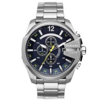 Diesel Mega Chief Chronograph Blue Dial Silver Steel Strap Watch For Men - DZ4465