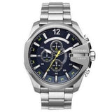 Diesel Mega Chief Chronograph Blue Dial Silver Steel Strap Watch For Men - DZ4465