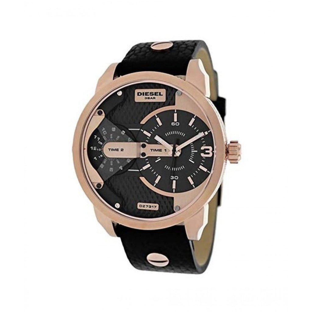 Diesel Mini Daddy Dual Time Black & Gold Dial Black Leather Strap Watch For Men - DZ7317