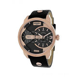Diesel Mini Daddy Dual Time Black & Gold Dial Black Leather Strap Watch For Men - DZ7317