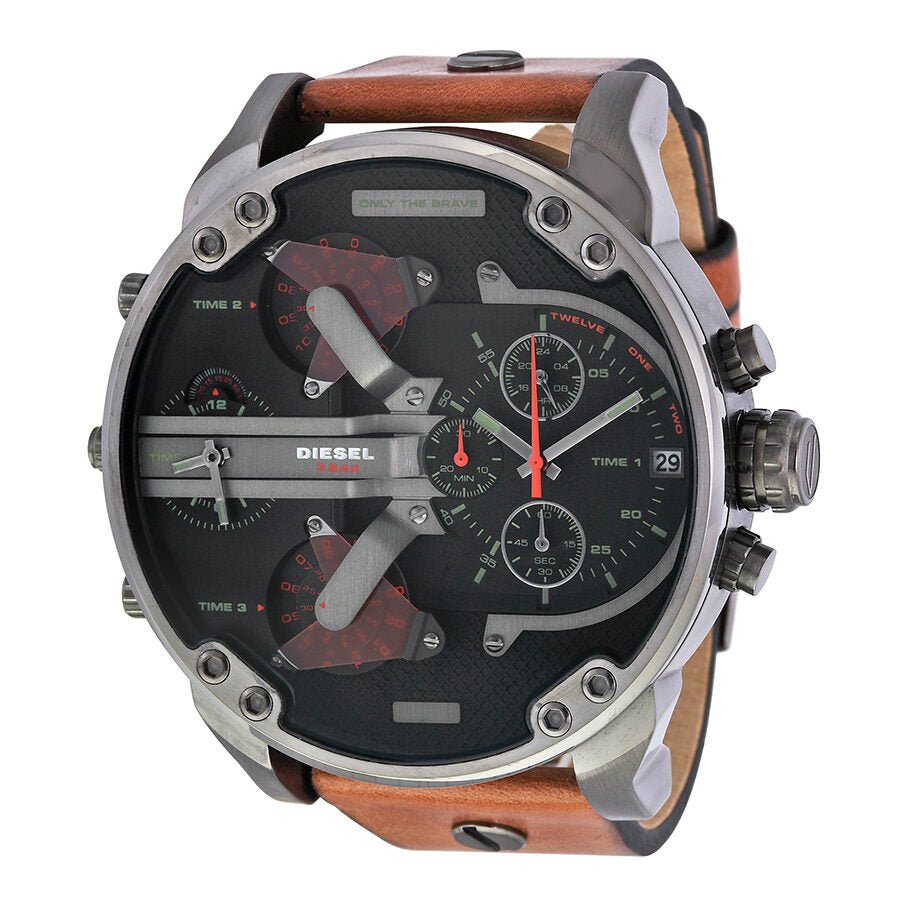 Diesel Mr Daddy 2.0 Chronograph Black Dial Brown Leather Strap Watch For Men - DZ7332