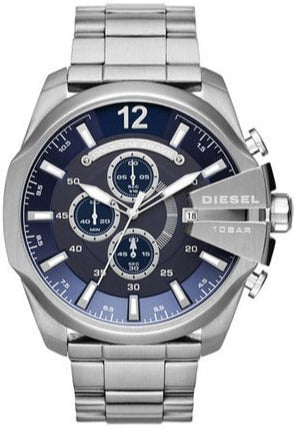 Diesel Mega Chief Chronograph Blue Dial Silver Steel Strap Watch For Men - DZ4417