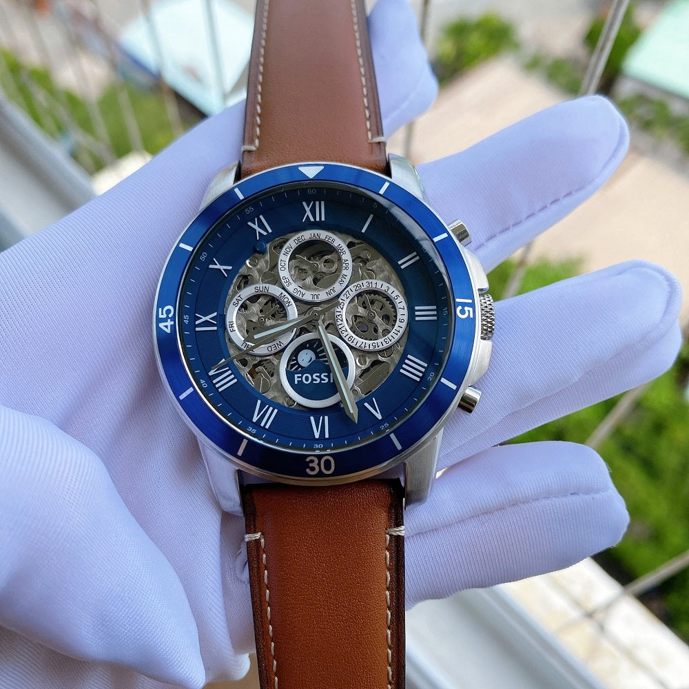 Fossil Grant Sport Automatic Skeleton Blue Dial Brown Leather Strap Watch for Men - ME3140