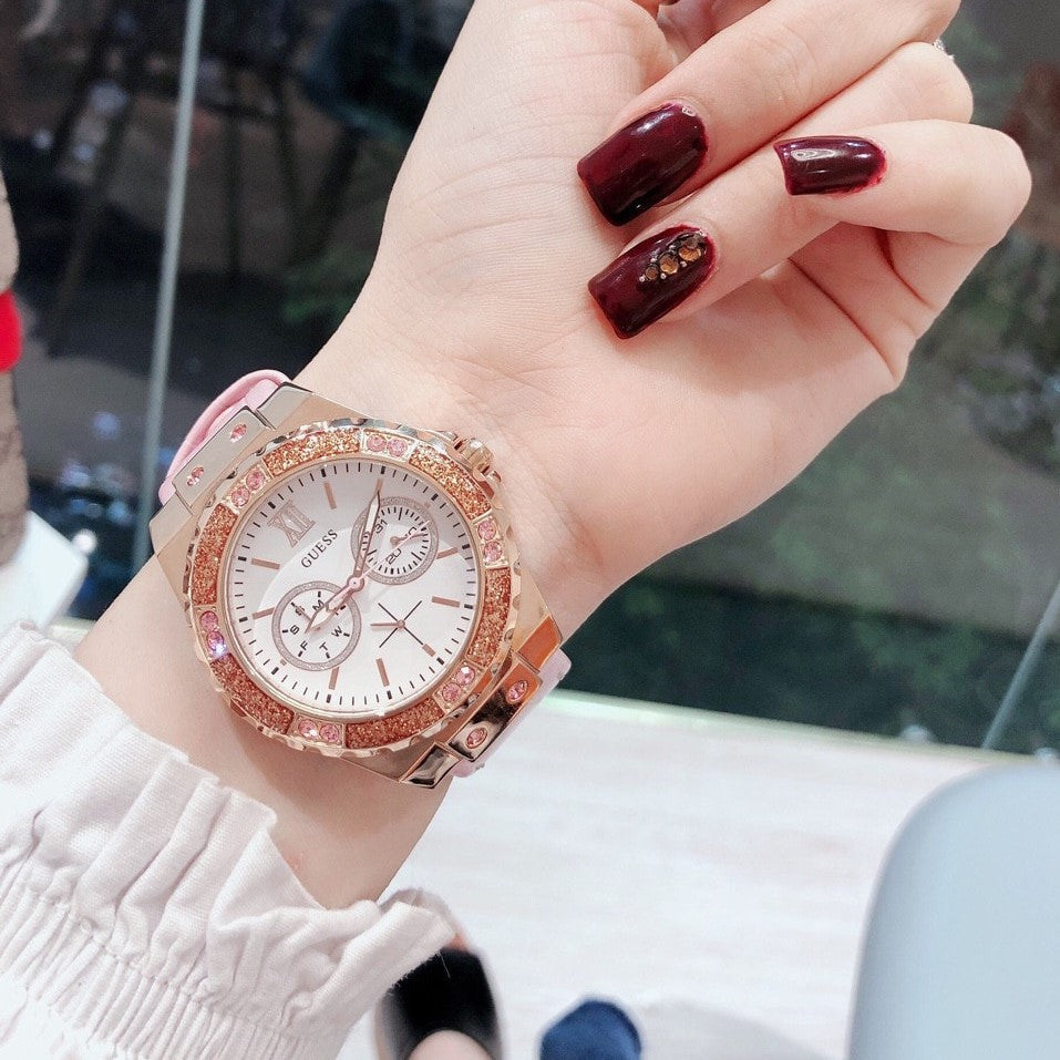 Guess Limelight Quartz Analog White Dial Pink Leather Strap Watch For Women - W0775l3