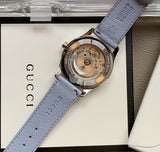 Gucci G Timeless Automatic Mother of Pearl Dial Blue Leather Strap Watch For Women - YA1264113