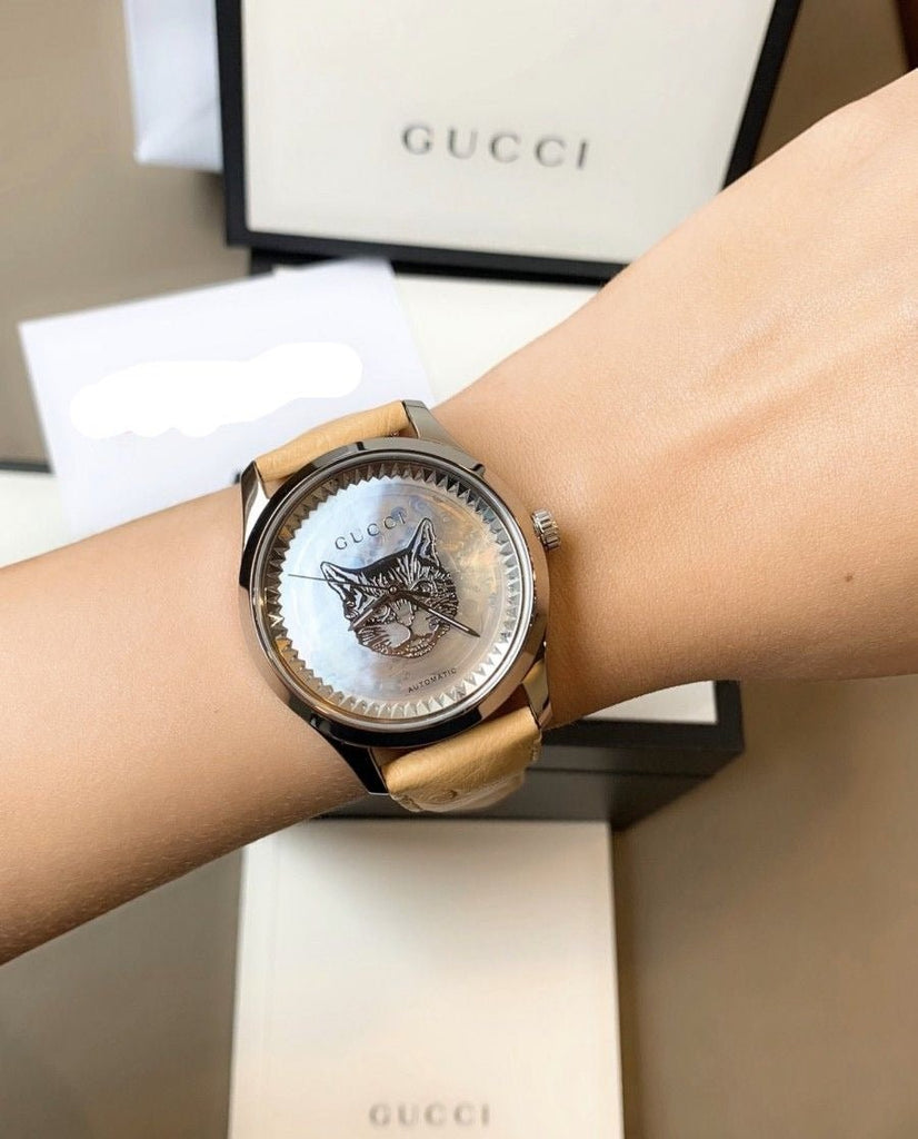 Gucci G Timeless Automatic Mother of Pearl Dial Brown Leather Strap Watch For Women - YA1264112