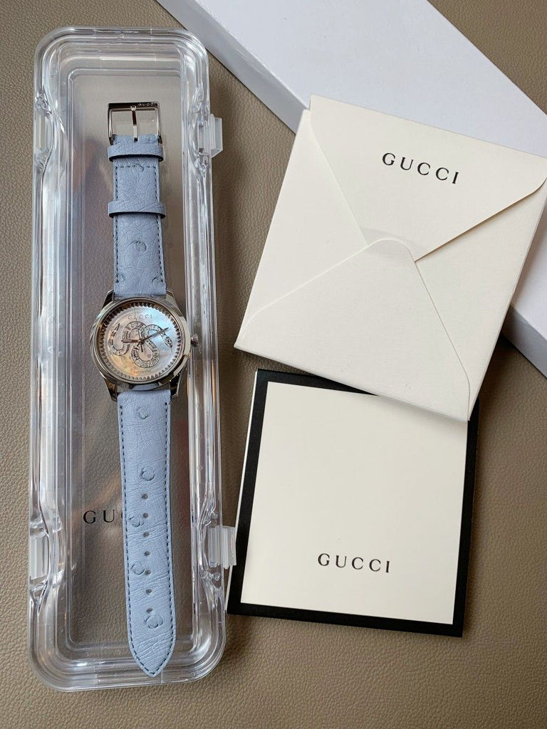 Gucci G Timeless Automatic Mother of Pearl Dial Blue Leather Strap Watch For Women - YA1264113