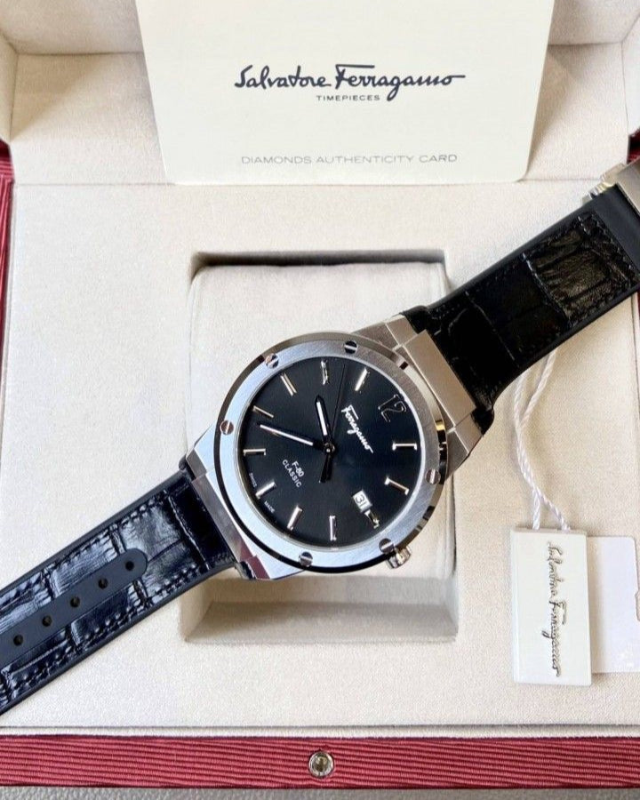 Salvatore Ferragamo F-80 Classic Black Dial Black Leather Strap Watch for Men - SFDT00619