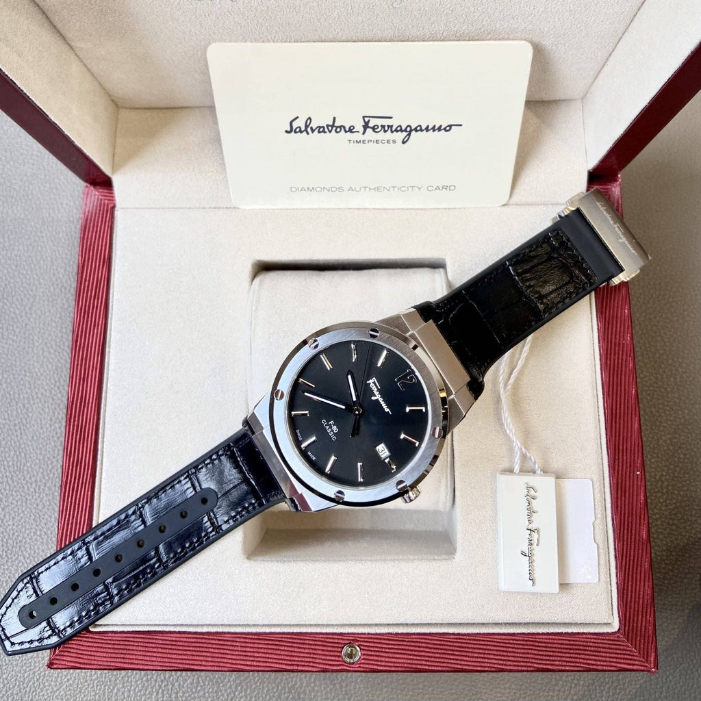 Salvatore Ferragamo F-80 Classic Black Dial Black Leather Strap  Watch for Men - SFDT00219