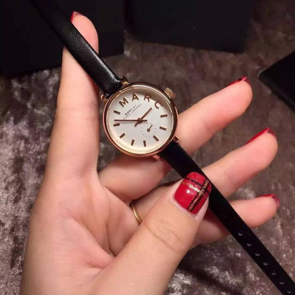 Marc Jacobs Sally White Dial Black Leather Strap Watch for Women - MBM1352