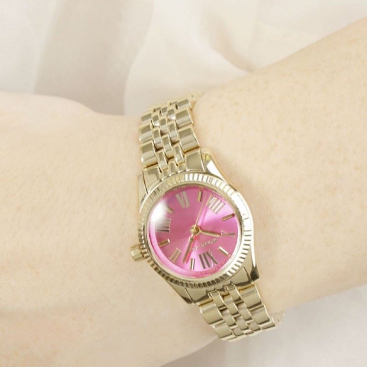 Michael Kors Lexington Quartz Pink Dial Gold Steel Strap Watch For Women - MK3270