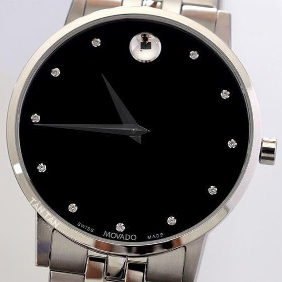 Movado Museum Classic Diamonds Black Dial Silver Steel Strap Watch for Men - 0607201
