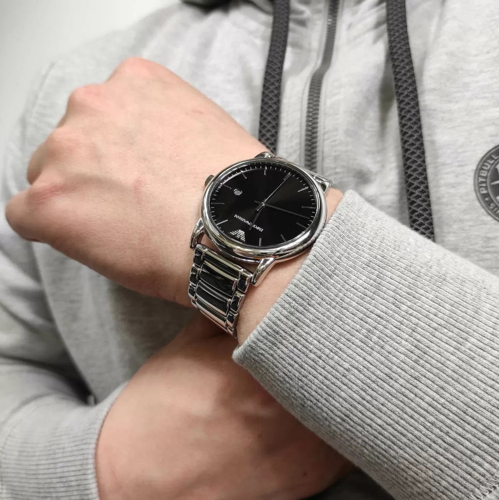 Emporio Armani Luigi Quartz Black Dial Silver Steel Strap Watch For Men - AR2499