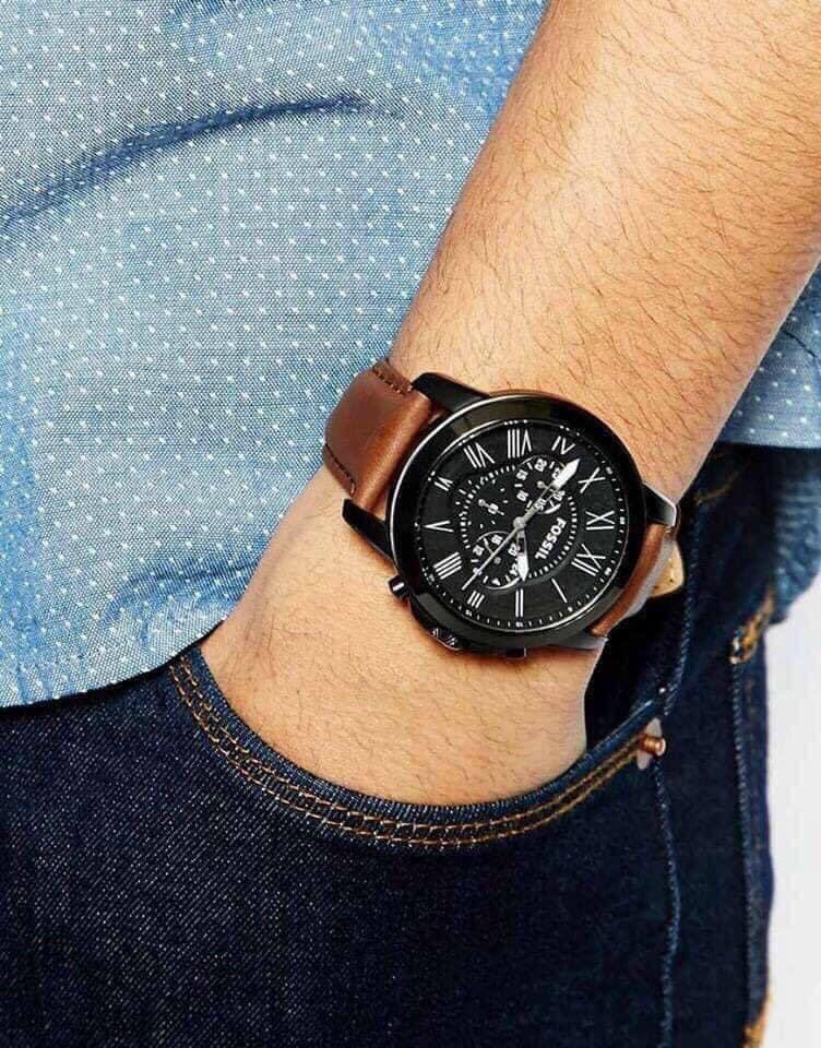 Fossil Grant Chronograph Black Dial Brown Leather Strap Watch for Men - FS5241