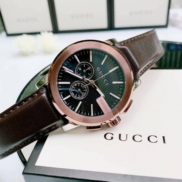 Gucci G Chrono Black Dial Brown Leather Strap Watch For Men - YA101202