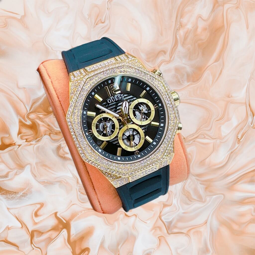 Guess Momentum Chronograph Diamonds Black Dial Black Silicone Strap Watch For Men - GW0518G2