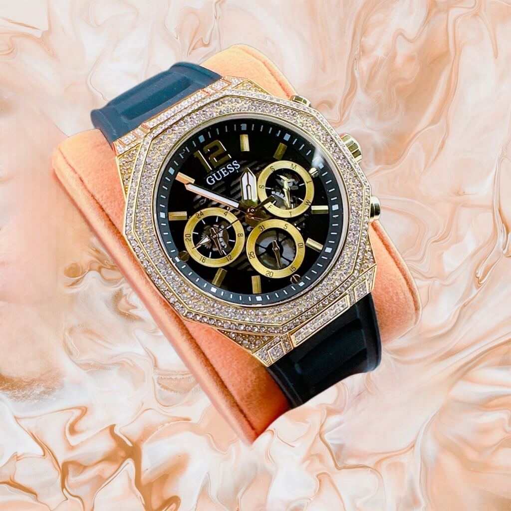 Guess Momentum Chronograph Diamonds Black Dial Black Silicone Strap Watch For Men - GW0518G2