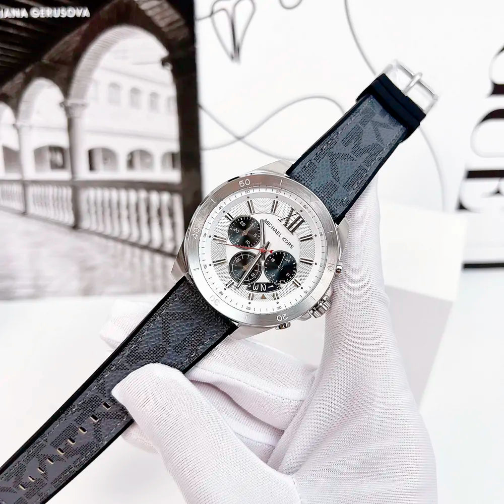 Michael Kors Brecken Chronograph Silver Dial Grey Leather Strap Watch For Men - MK8922