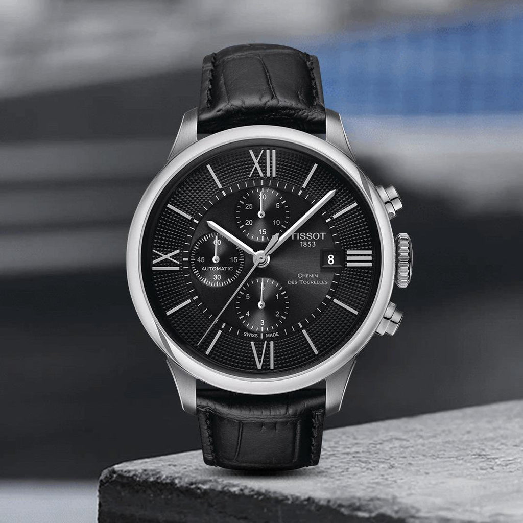 Tissot T Classic Chemin Des Tourelles Chronograph Black Dial Black Leather Strap Watch For Men - T099.427.16.058.00