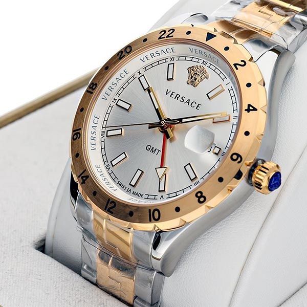 Versace Hellenyium GMT Silver Dial Two Tone Steel Strap Watch for Men - V11030015