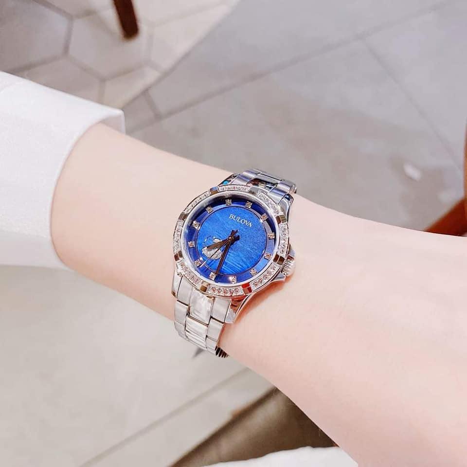 Bulova Crystal Collection Blue Mother of Pearl Dial Silver Steel Strap Watch for Women - 96L238