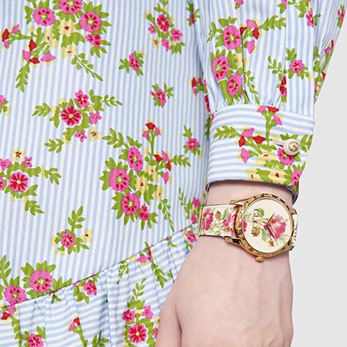 Gucci G Timeless Floral Gold Dial White Leather Strap Watch For Women - YA1264084